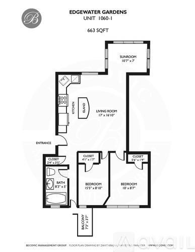 A floor plan for a 663 square foot unit shows a living room, two bedrooms, a bathroom, a sunroom, and a kitchen.