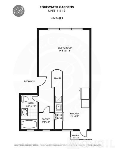 A floor plan for a 382 square foot unit shows a living room, kitchen, bath, and closet.