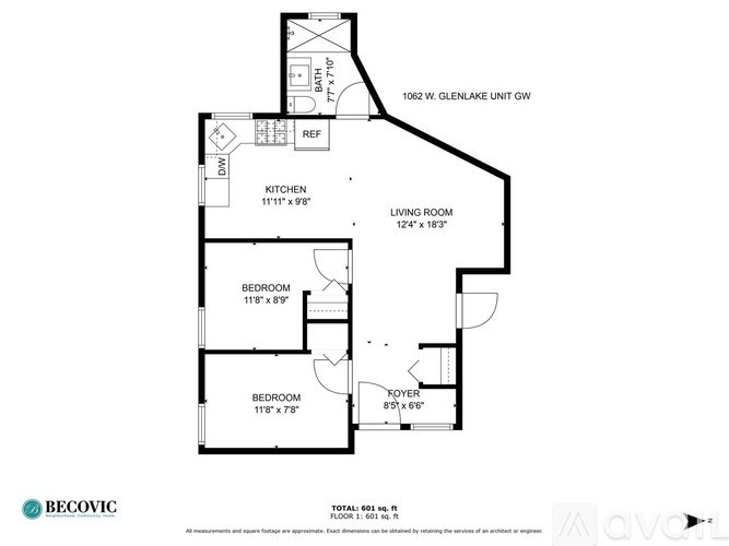 A floor plan for a unit at 1062 W. Glenlake Unit GW shows a living room, two bedrooms, a kitchen, and a foyer.