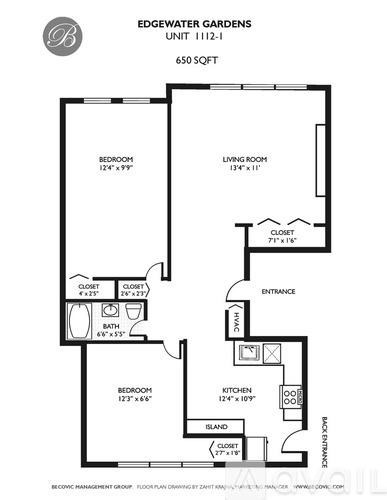 A floor plan for a 650 sqft unit at Edgewater Gardens shows two bedrooms, a living room, a kitchen, and a bathroom.
