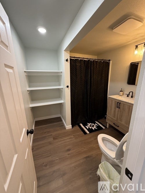 A bathroom with a toilet, sink, and shelves.