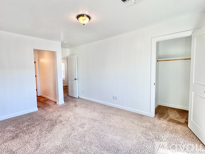 A white room with a carpeted floor and a ceiling light.