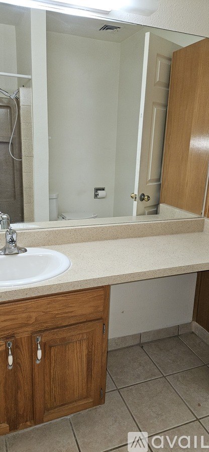 A bathroom with a sink and a mirror.