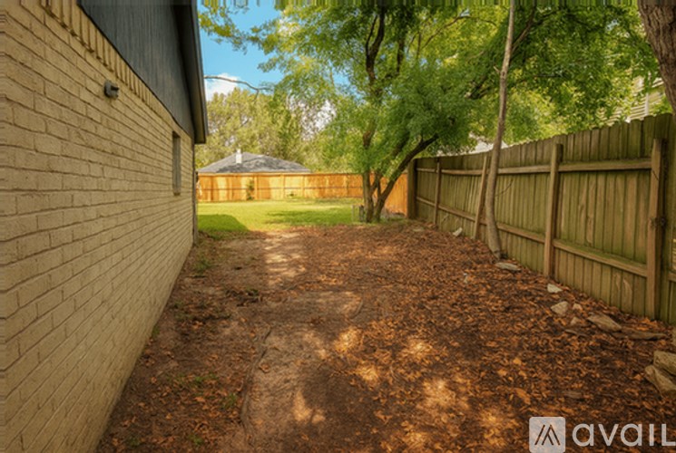 A backyard with a dirt path and a wooden fence.