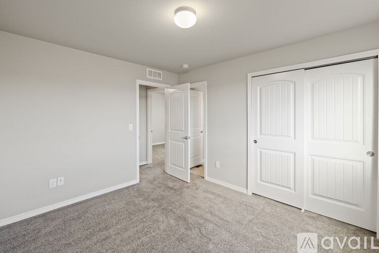 A room with two doors and a carpeted floor.