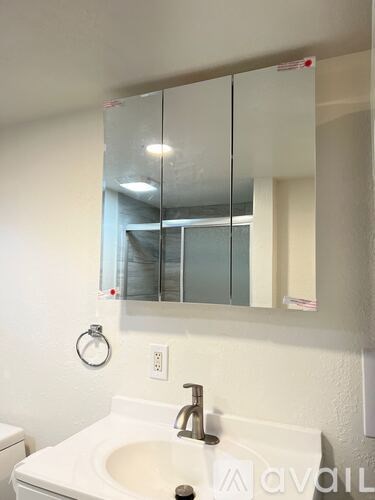A bathroom with a white sink and a mirror above it.