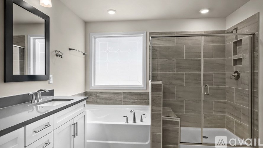 A modern bathroom with a walk-in shower and a large mirror.