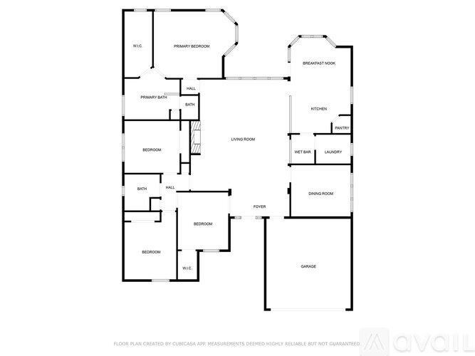 A floor plan of a house with rooms labeled, including a primary bedroom, kitchen, and living room.