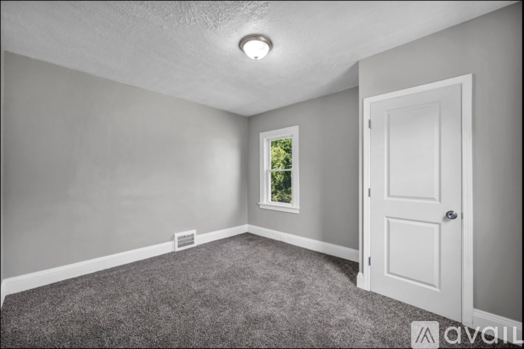 A room with a white door and a window showing greenery outside.