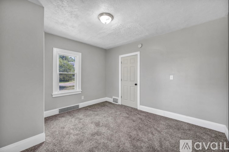 A room with a carpeted floor, a door, a window, and a ceiling light.