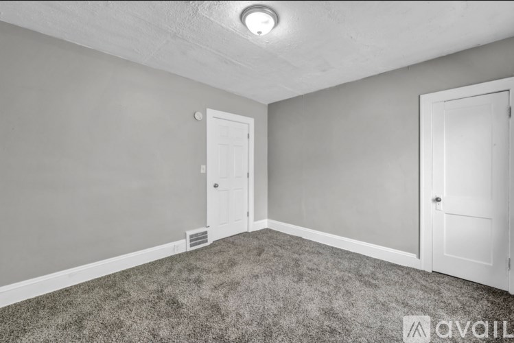 A room with grey carpet and two white doors.