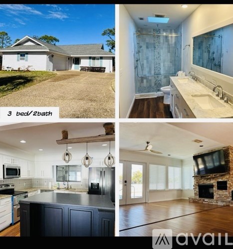 A collage of four images showcasing a property for sale, including the exterior, bathroom, kitchen, and living room.