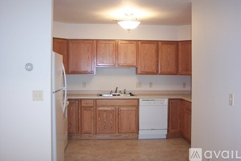 A kitchen with wooden cabinets and a white dishwasher.