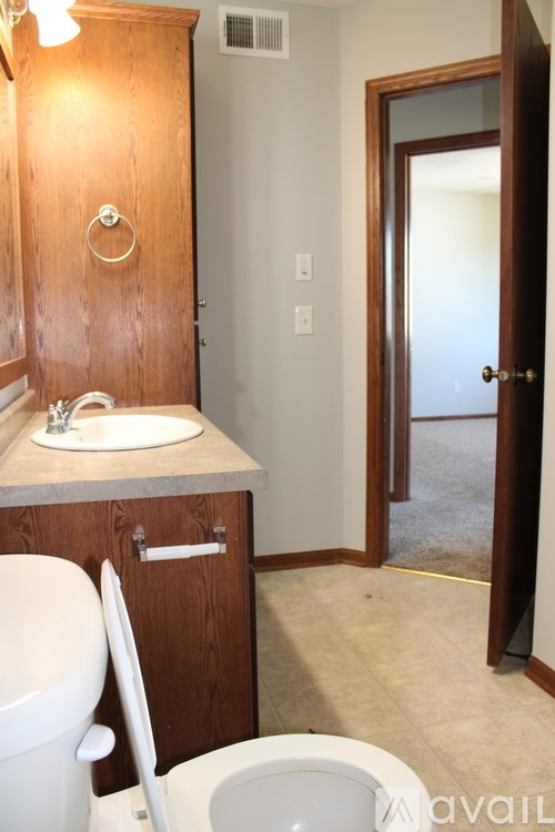 A bathroom with a toilet, sink, and wooden cabinet.