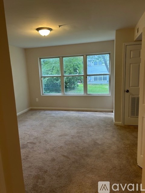 A room with a carpeted floor and a window overlooking a green area.