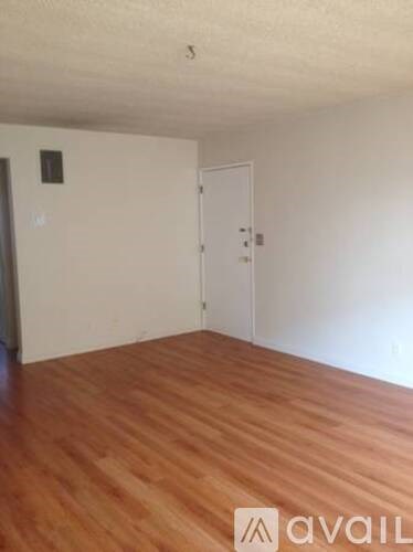 A room with wooden flooring and a white door.