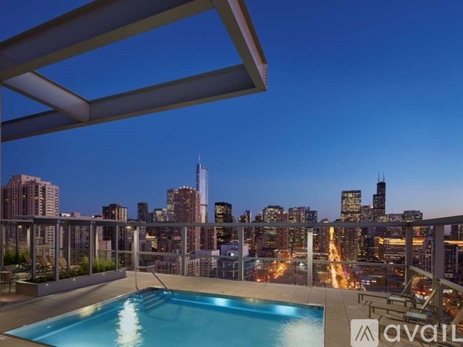 A rooftop pool with a city skyline in the background.