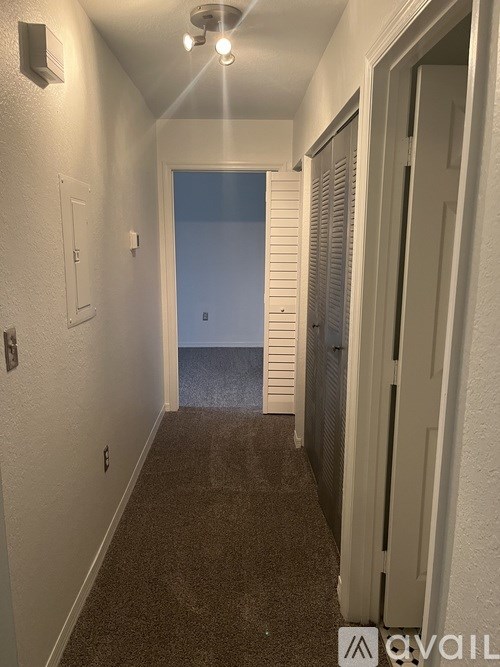 A hallway with a carpeted floor and white walls.