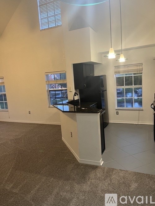 A kitchen area with a black fridge and a black countertop.