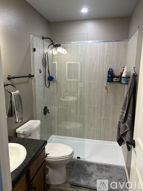 A bathroom with a toilet, sink, and shower.