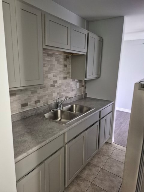 A kitchen with a sink and a counter.