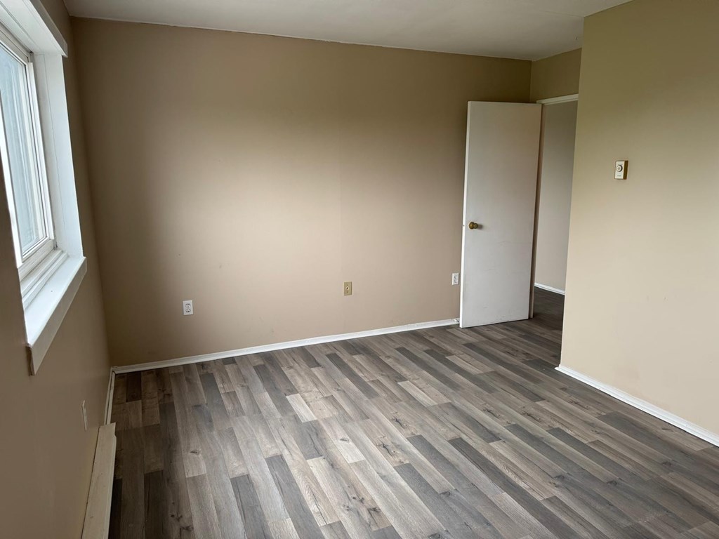 A room with a wooden floor and a white door.