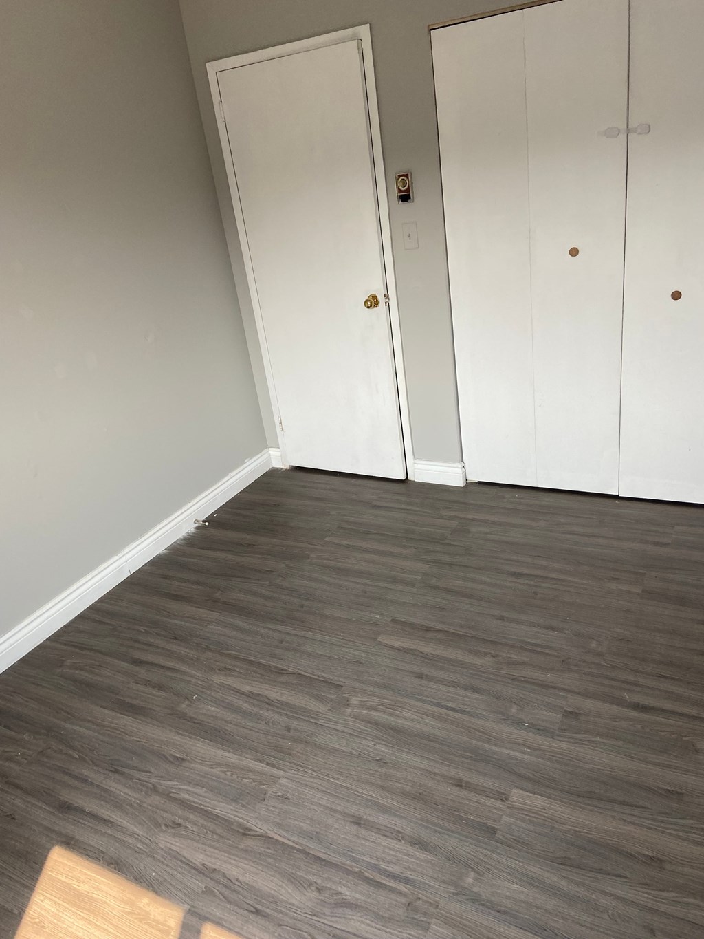 A room with a grey floor and two white doors.