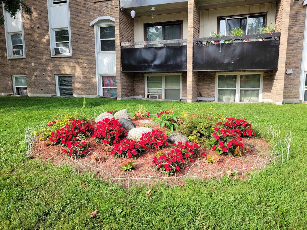 A flower bed with red flowers in front of a brick building.