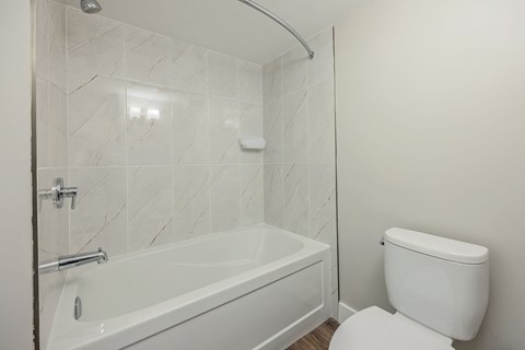 A white toilet sits next to a bathtub in a bathroom.