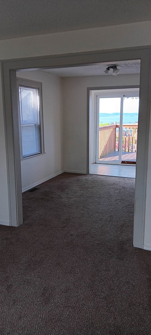 A room with a carpeted floor and a window overlooking a deck.