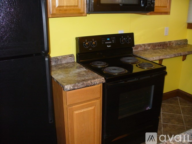 A black stove top oven with four burners and a black refrigerator in a kitchen.