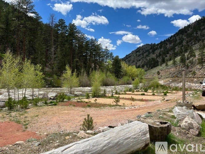 A landscape with a dirt path, trees, and a wooden log in the foreground.