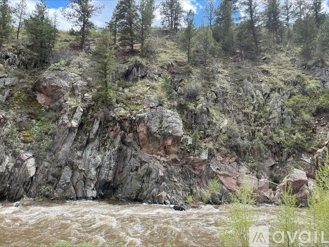 A river flows through a rocky landscape with trees in the background.