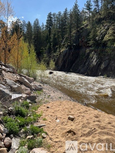 A river flows through a rocky landscape with trees in the background.