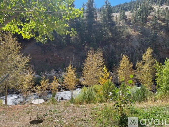 A river flows through a rocky valley surrounded by trees.