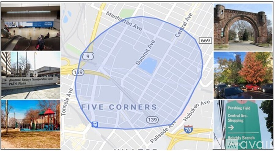 A map of the Five Corners area with surrounding streets and images of local attractions.