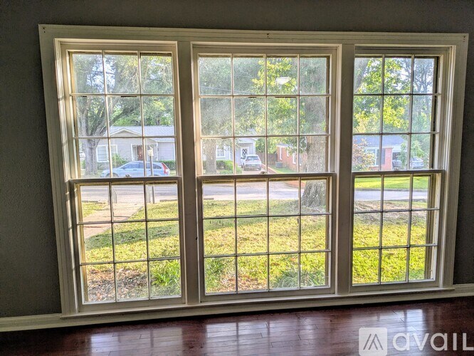 A window with a view of a street and houses.