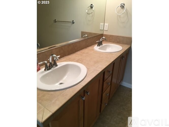 A bathroom with two sinks and a mirror.