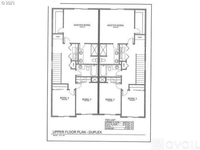 A floor plan of a duplex apartment with two bedrooms and two bathrooms.