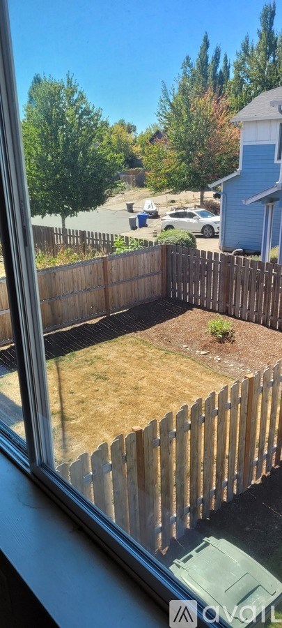 A view from a window looking out to a backyard with a wooden fence.