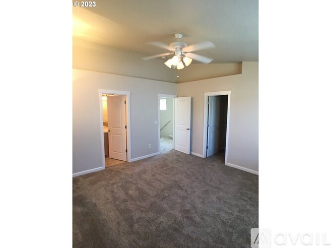 A room with a ceiling fan and carpeted floor.