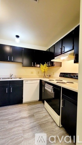 A kitchen with black cabinets and a white countertop.