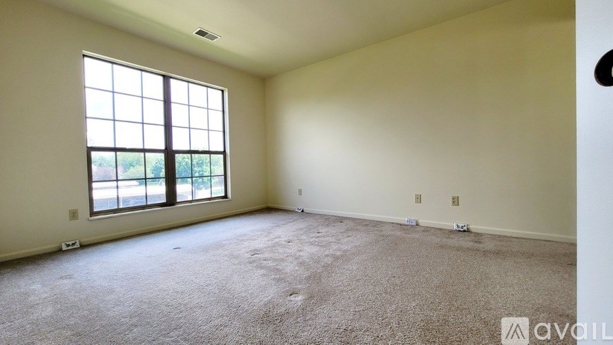 A room with a carpeted floor and a large window.