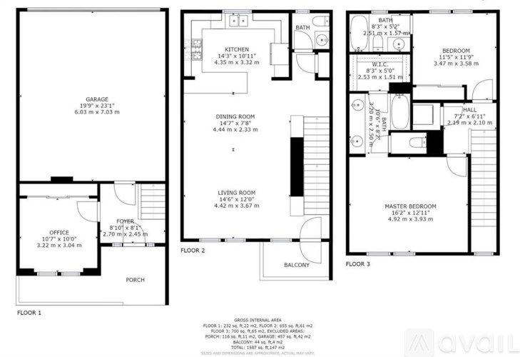 A floor plan of a house with three bedrooms, a garage, and a porch.