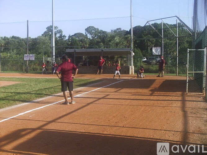 Baseball players in red jerseys are on the field.