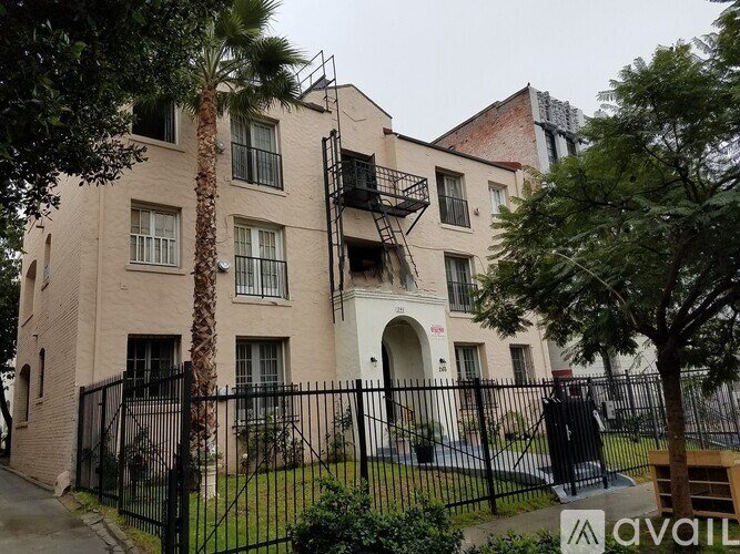 A building with a black fence and a palm tree in front.