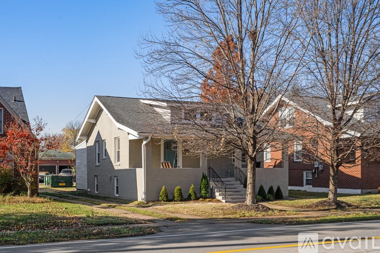 A house with a grey roof and a tree with no leaves in front of it.