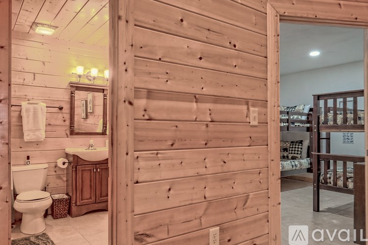 A wooden bathroom with a toilet, sink, and mirror.