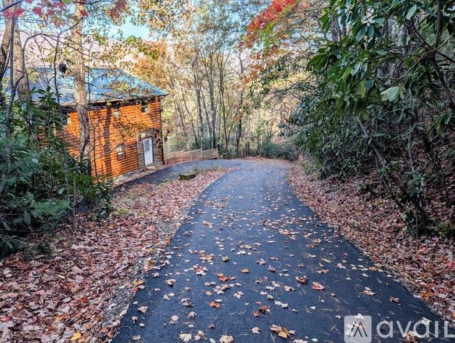 A path with fallen leaves leading to a house.