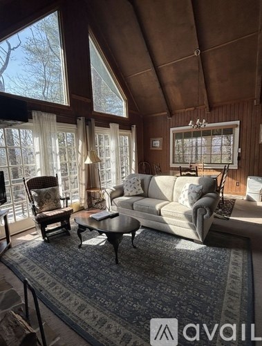 A living room with a couch, chair, and a rug.